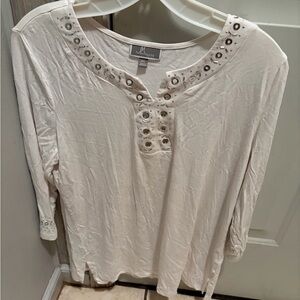 JM Collection Cream Long Sleeve Top with Eyelet Accents